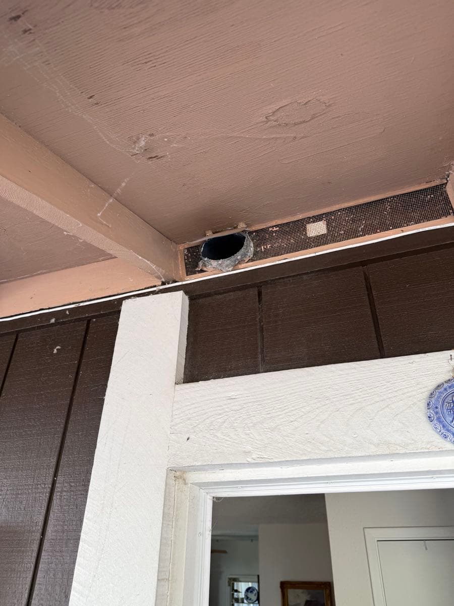 Original 1974 exterior dryer vent termination showing non-code compliant design that requires future replacement
