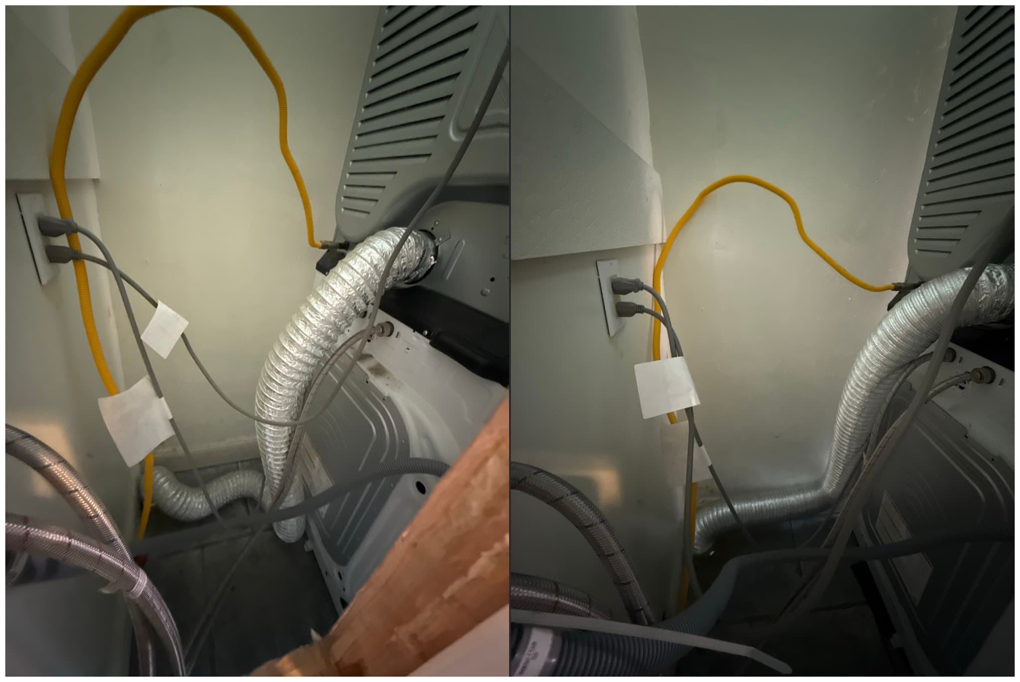 Flexible aluminum dryer exhaust duct exiting a dryer unit secured with white tape clamps, running parallel to a yellow flexible gas supply line and surrounded by gray HVAC flexible ducts in a laundry appliance space