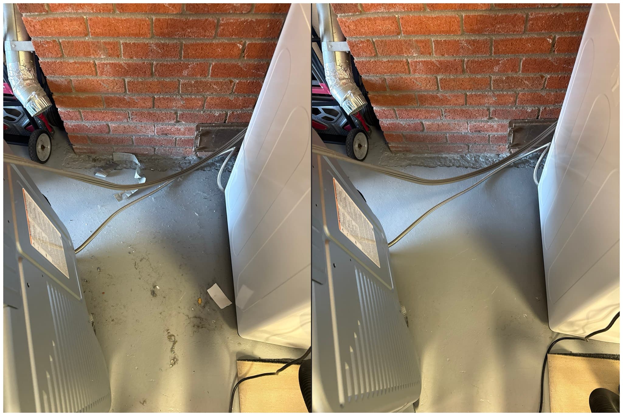 Side-by-side before and after photos of a dryer exhaust vent area: the left image shows lint and debris buildup on the flexible duct and dryer cabinet top; the right image shows the same area fully cleaned with the duct properly reconnected at the dryer outlet