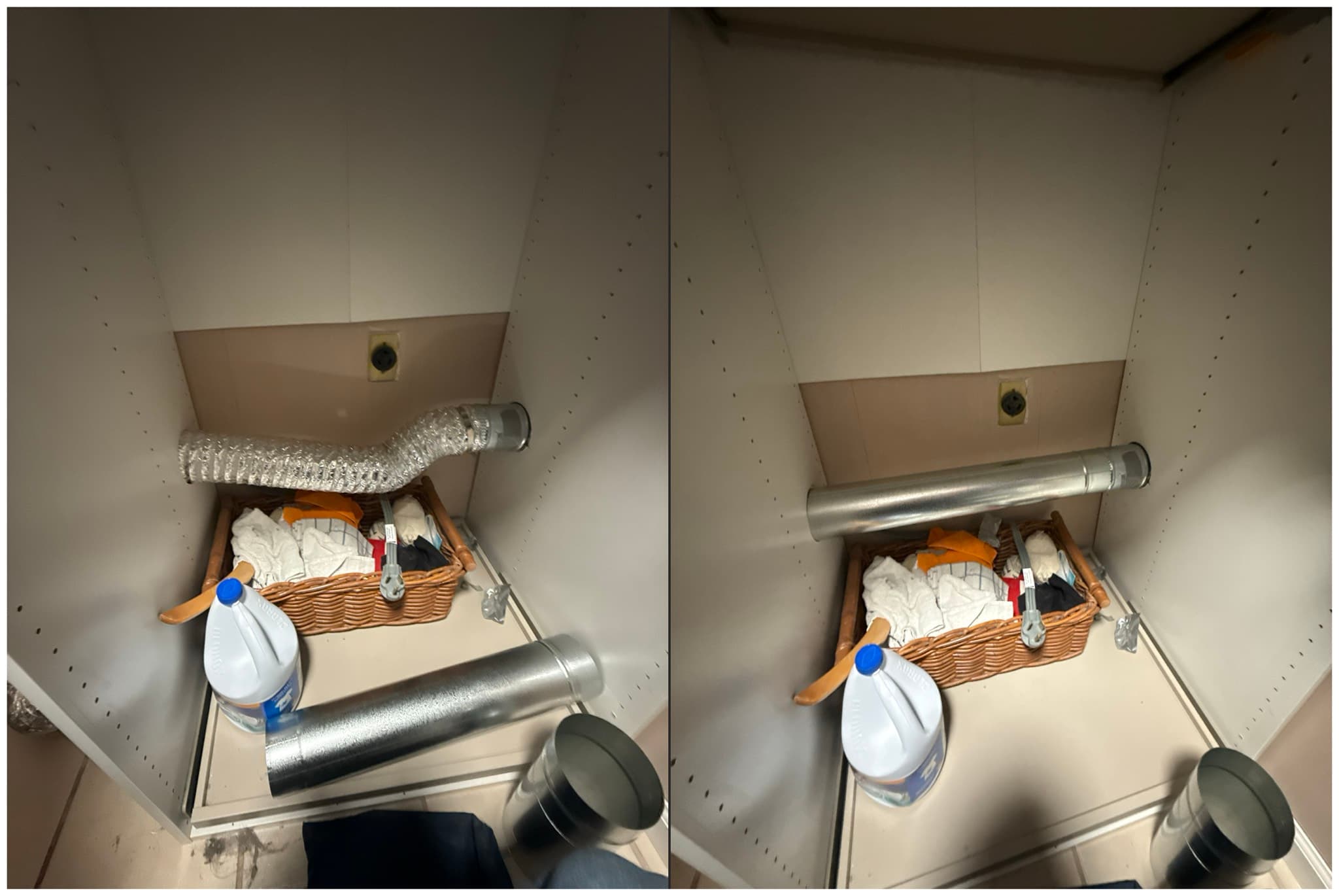 Side-by-side before and after comparison of a dryer vent transition duct: the left image shows a corrugated accordion-style flexible duct heavily coated with compacted lint along its full length, while the right image shows the same installation area with a clean smooth-wall metal duct properly connected to a wall-mounted periscope-style outlet.