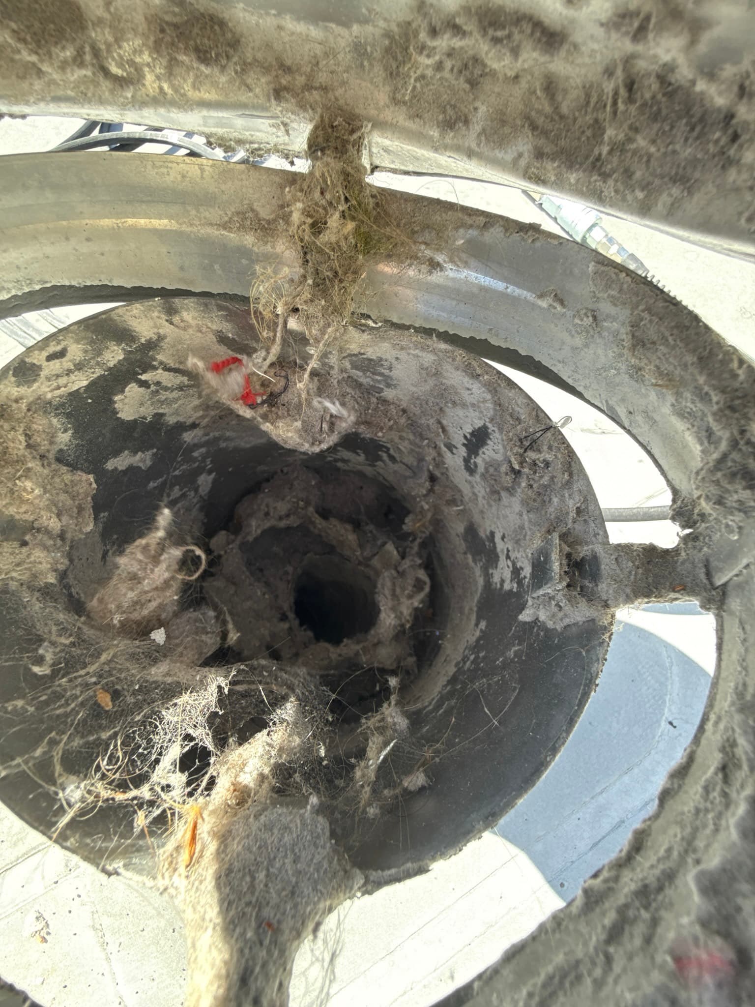 Close-up of a dryer vent duct opening showing severe compacted lint accumulation coating the interior surfaces and surrounding flexible ducting, significantly restricting airflow.