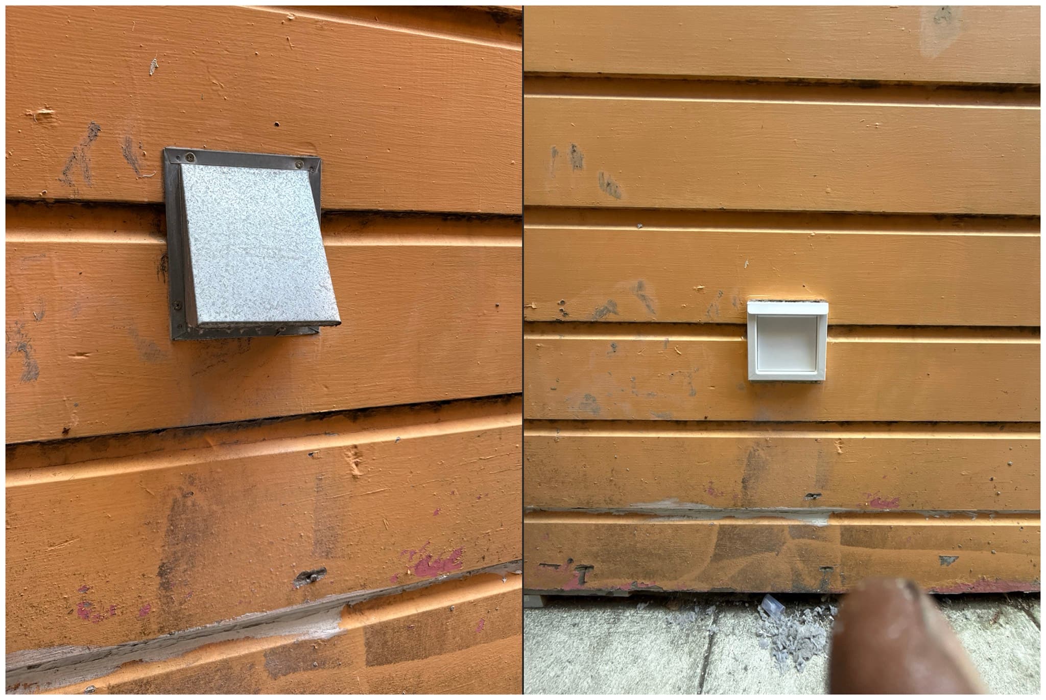Two exterior dryer vent termination caps mounted side by side on weathered wood siding. The left cap has a larger louvered frame with a white damper panel; the right is a smaller white periscope-style cap. Both openings appear relatively clear of lint accumulation.