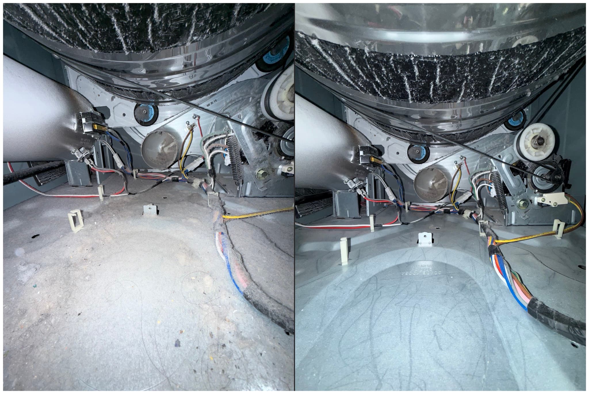 Side-by-side before and after photos of a dryer drum and blower housing interior. The left image shows heavy lint and dust coating the drum surface, blower housing, and floor beneath the unit. The right image shows the same area after cleaning, with surfaces cleared of lint buildup.