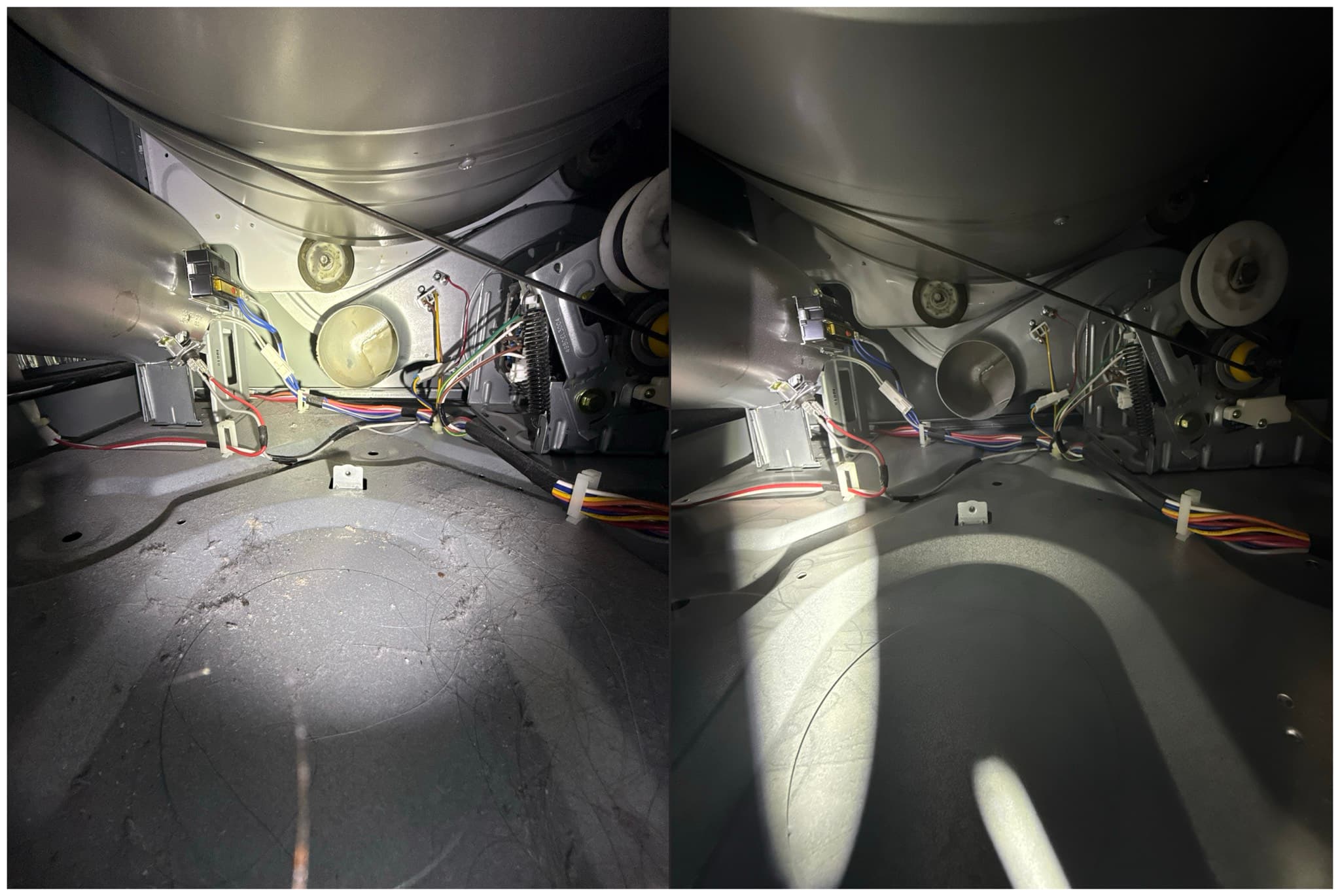 Professional dryer vent cleaning in progress using rotary brush system