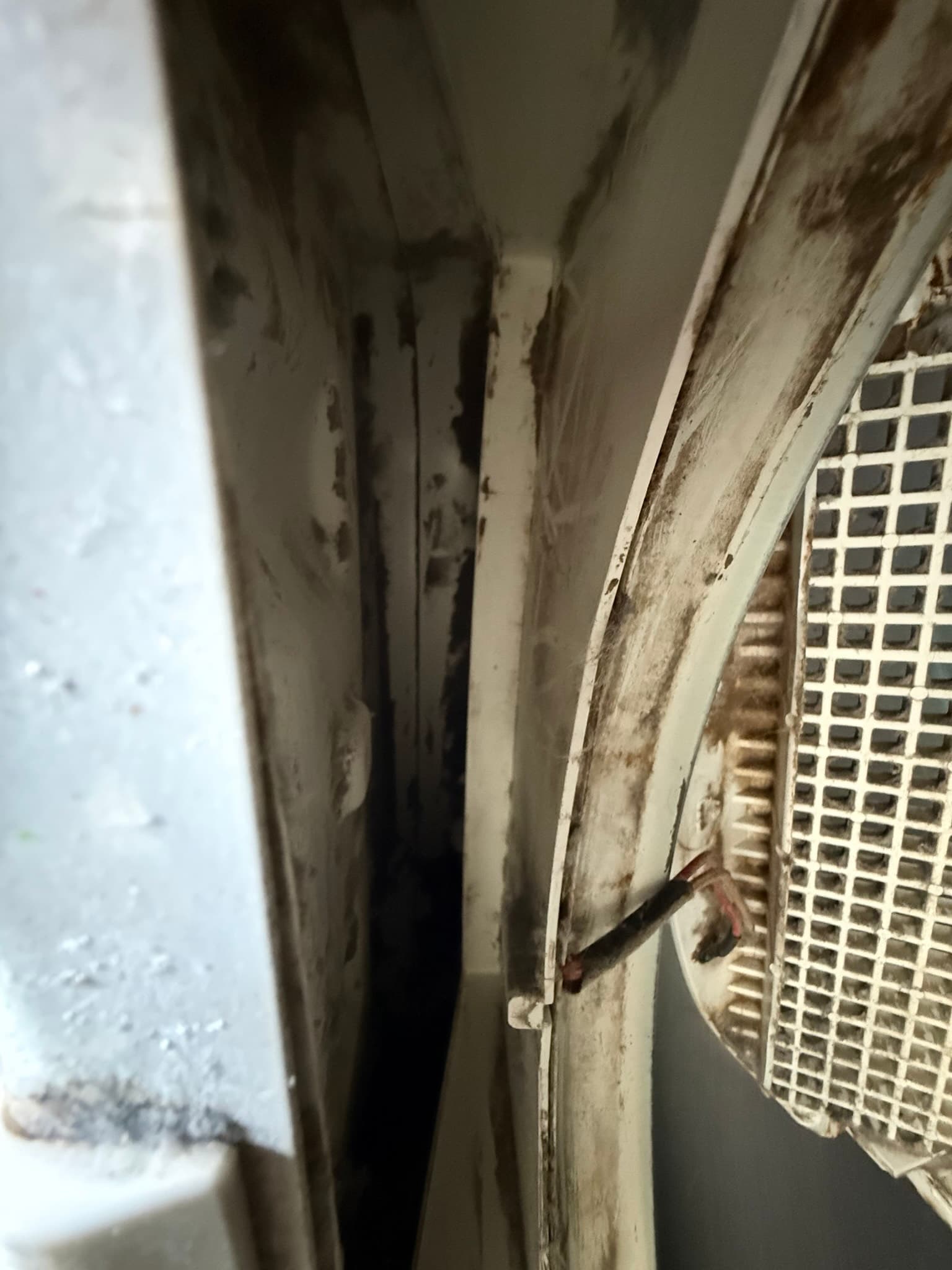 Exterior dryer vent cap with a louvered grid design showing heavy lint and debris accumulation on the louvers and surrounding housing, partially obscuring the internal damper mechanism