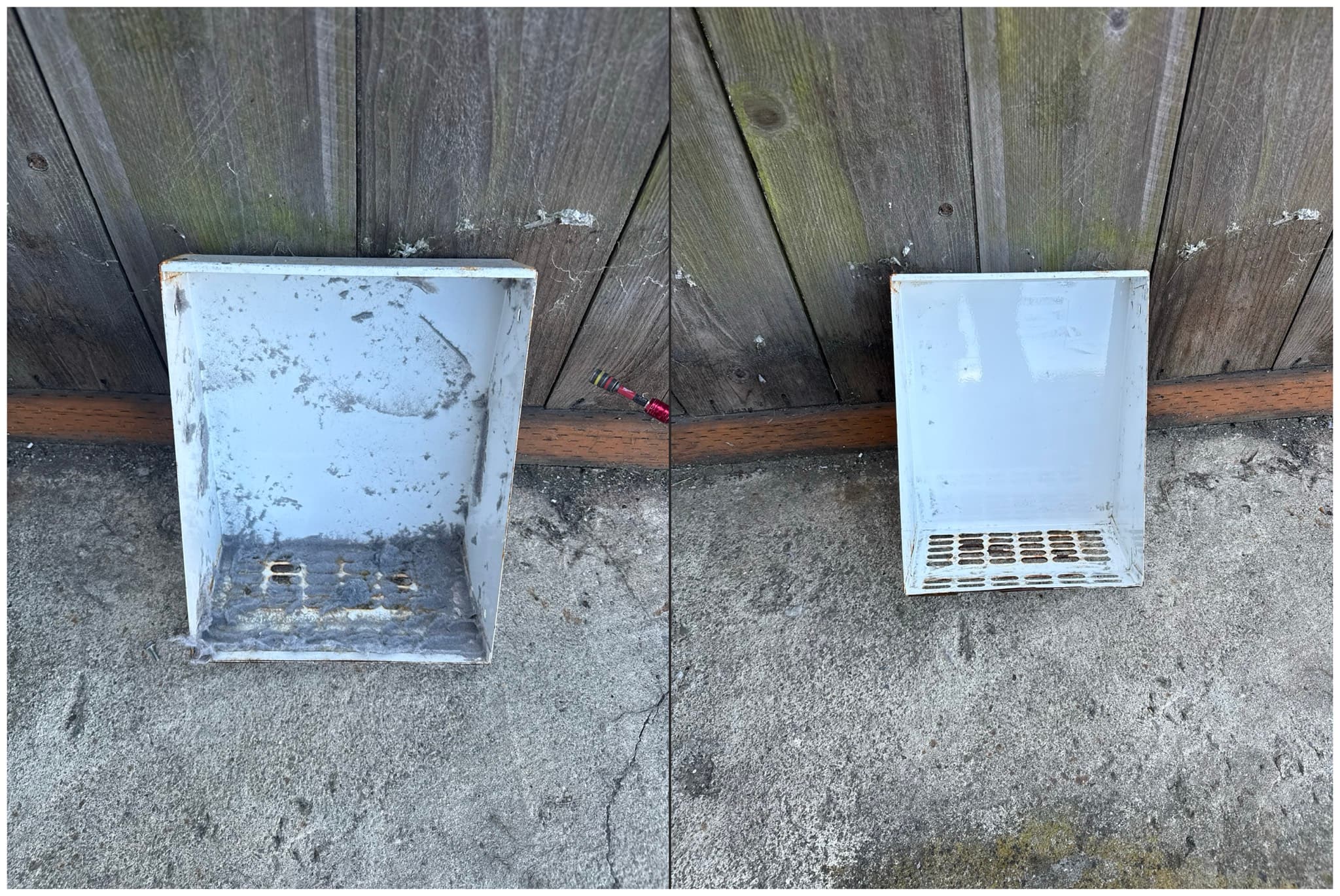 Exterior dryer vent cap on an exterior garage wall showing the damper flap and protective cover