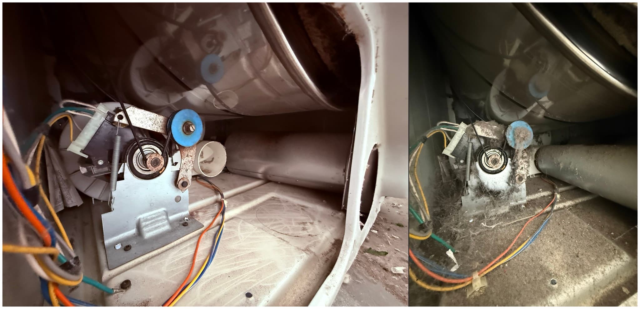 Side-by-side comparison of a dryer exhaust assembly: the left image shows clean interior surfaces and ductwork with minimal lint, while the right image shows heavy lint and dust deposits on the exhaust housing, duct interior, and motor assembly