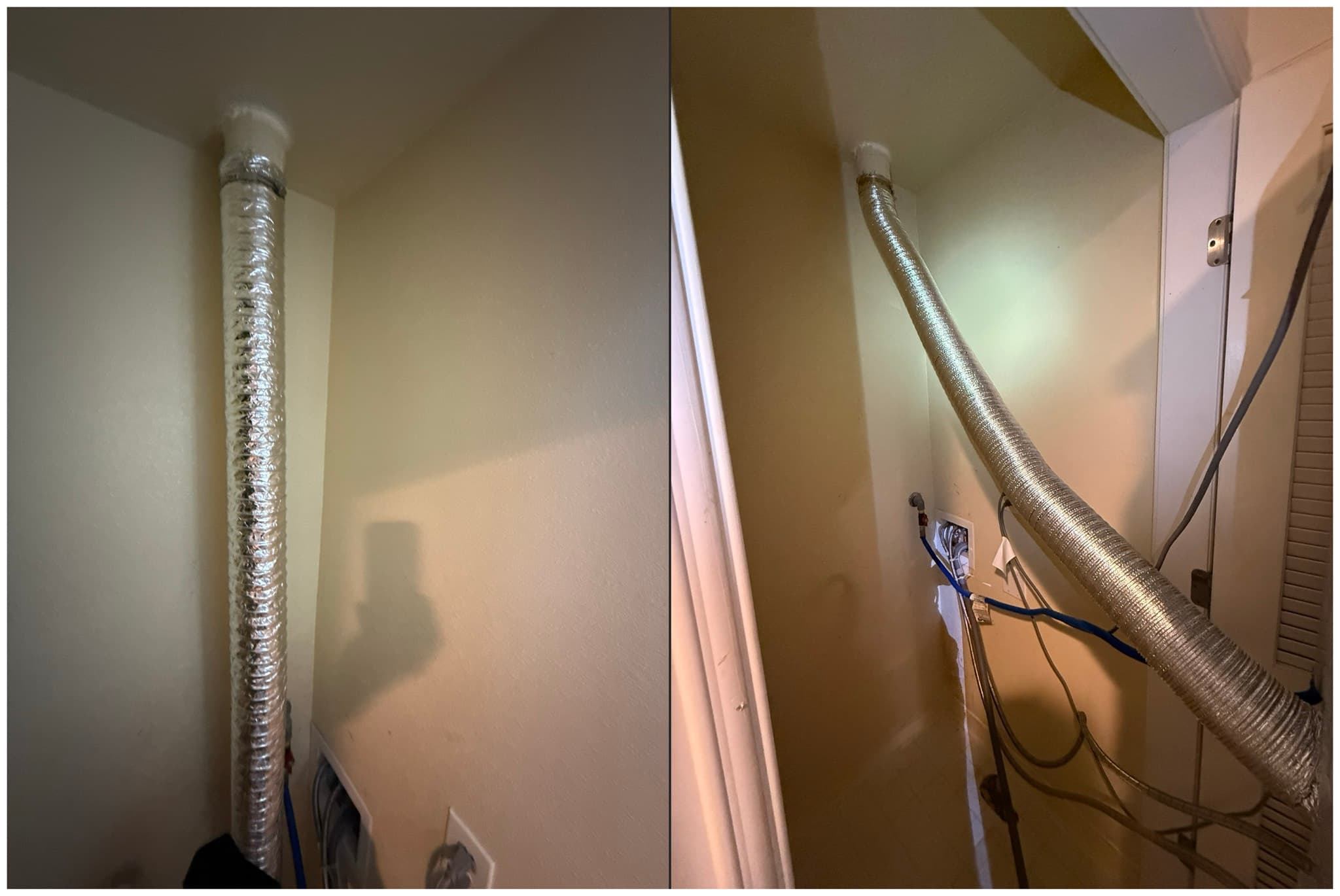 Completed dryer vent installation showing the transition duct secured with metal tape and properly supported near the dryer