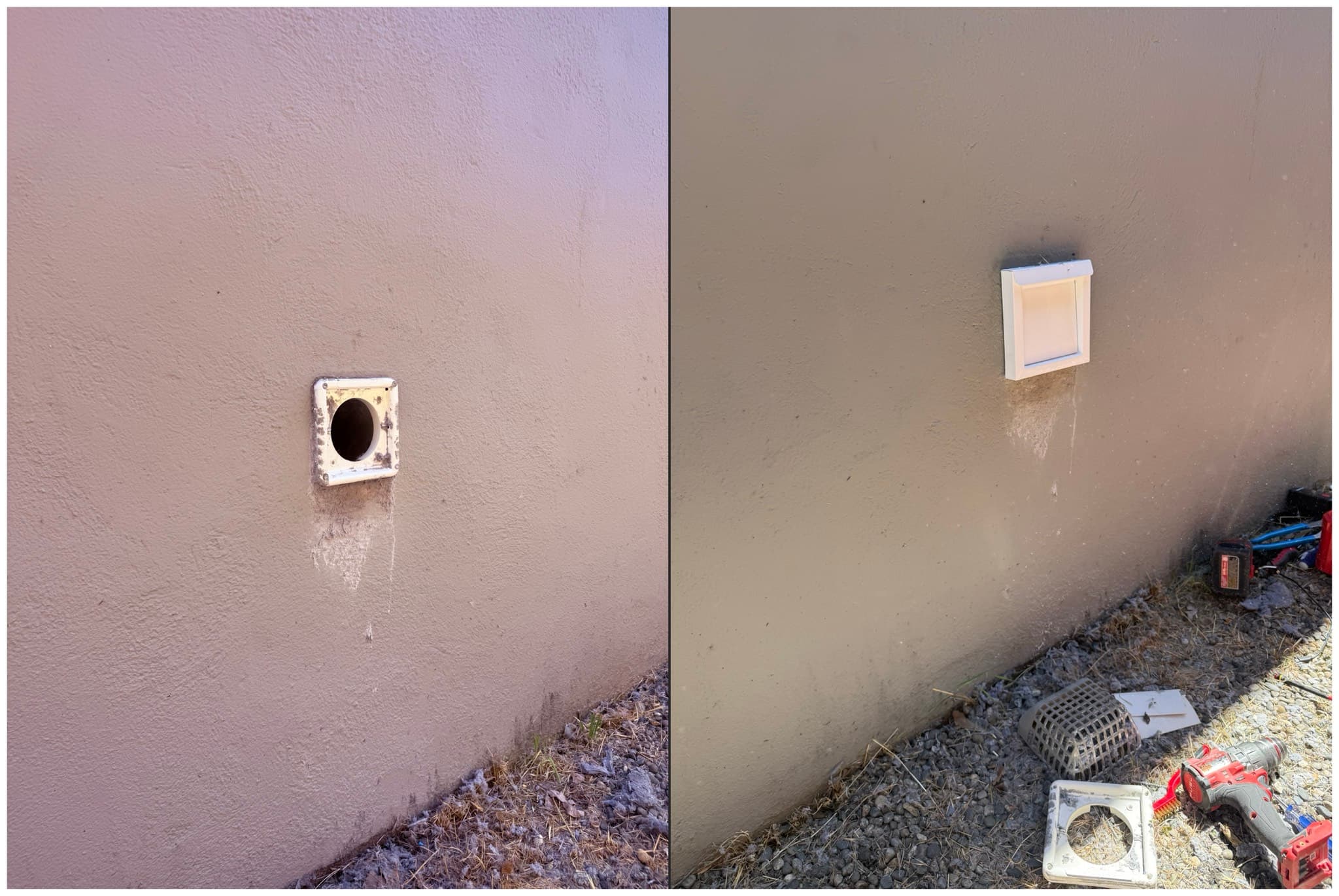 Side-by-side comparison of two exterior dryer vent installations: left shows older metal periscope-style cap with lint and moisture staining below the opening, right shows a newer cleaner white exterior vent cap after replacement