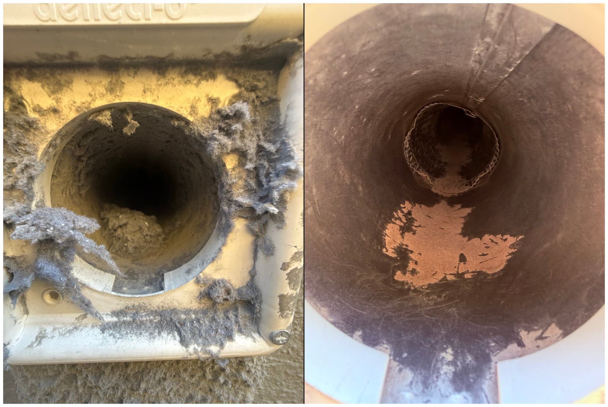 Before and after comparison of dryer vent duct interior: left image shows heavy lint buildup coating the metal duct collar at the dryer outlet, right image shows a view looking up through the duct with significant lint deposits on walls and a small restricted opening visible at the top