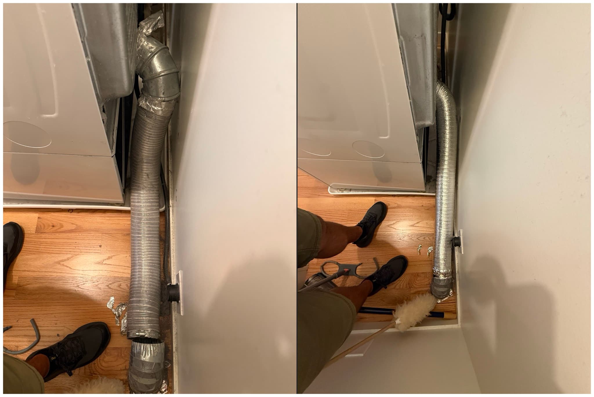 Before and after comparison of dryer exhaust transition duct: both views show a semi-rigid metallic flexible hose secured with metal band clamps, with the old duct exhibiting slack and improper routing replaced by a new compliant flexible transition duct