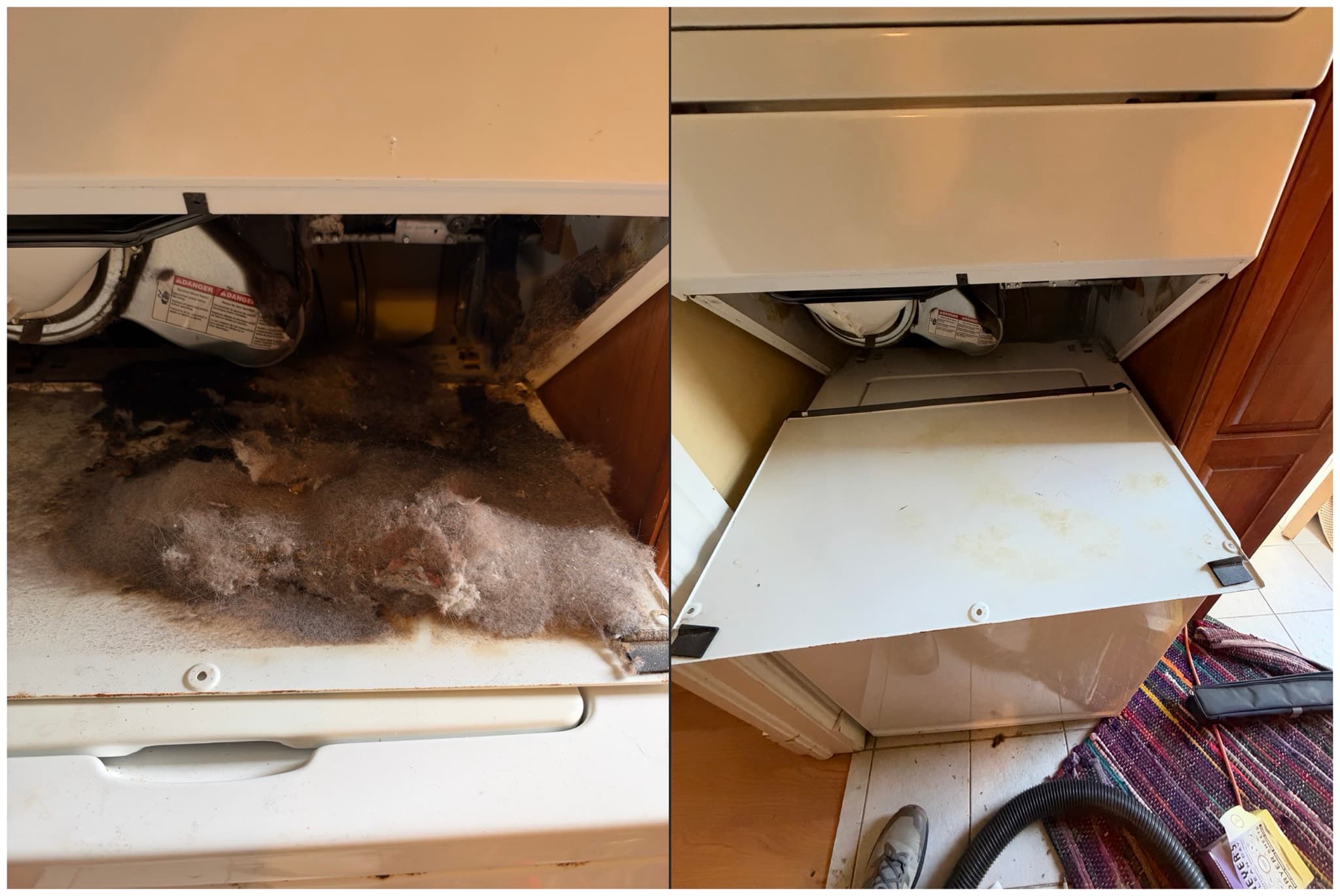 Before and after comparison of the dryer back panel and duct connection, showing heavy matted lint around the flexible duct link before cleaning and the same area fully cleared afterward