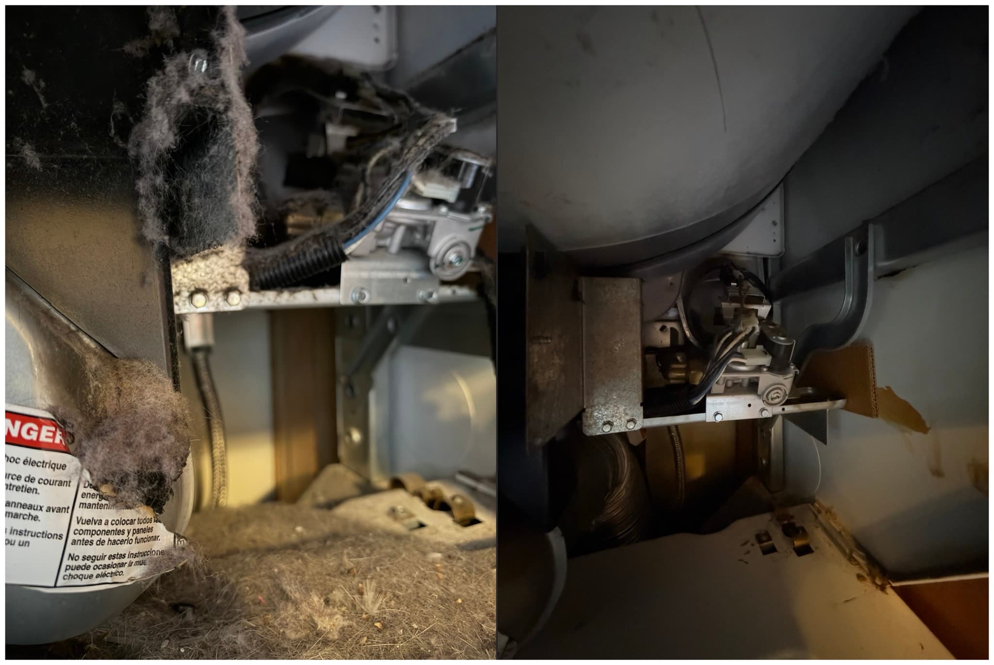 Before and after comparison of the dryer's gas burner assembly and igniter wiring, showing lint packed around the heating components before cleaning and the cleared compartment afterward