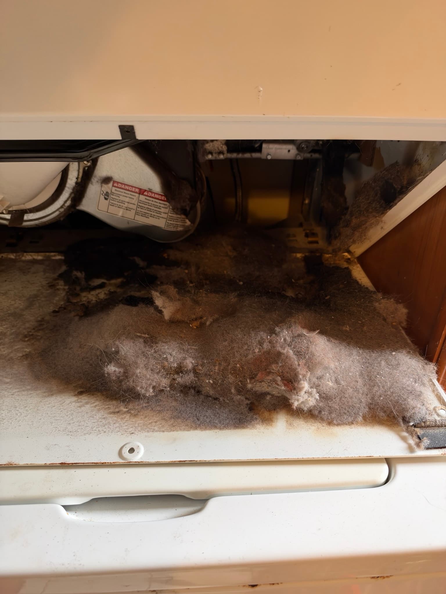 Interior dryer cabinet behind the drum showing heavy matted lint covering the base panel and climbing the rear wall and side bracket before cleaning
