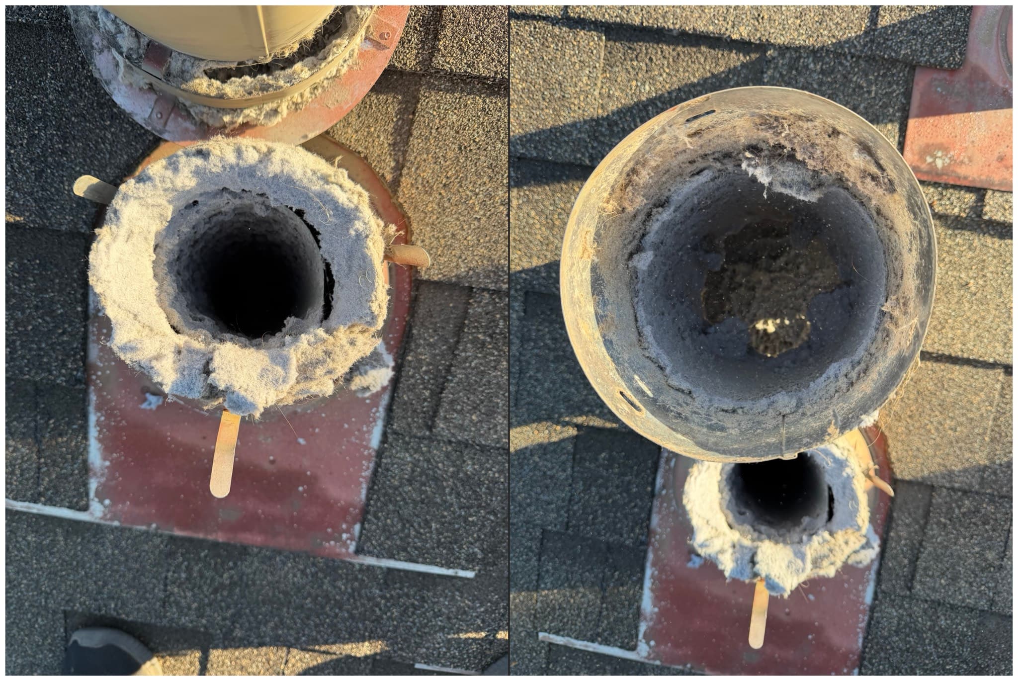 Roof exhaust termination with cap removed showing heavy compacted lint packed around the pipe collar and rim before cleaning