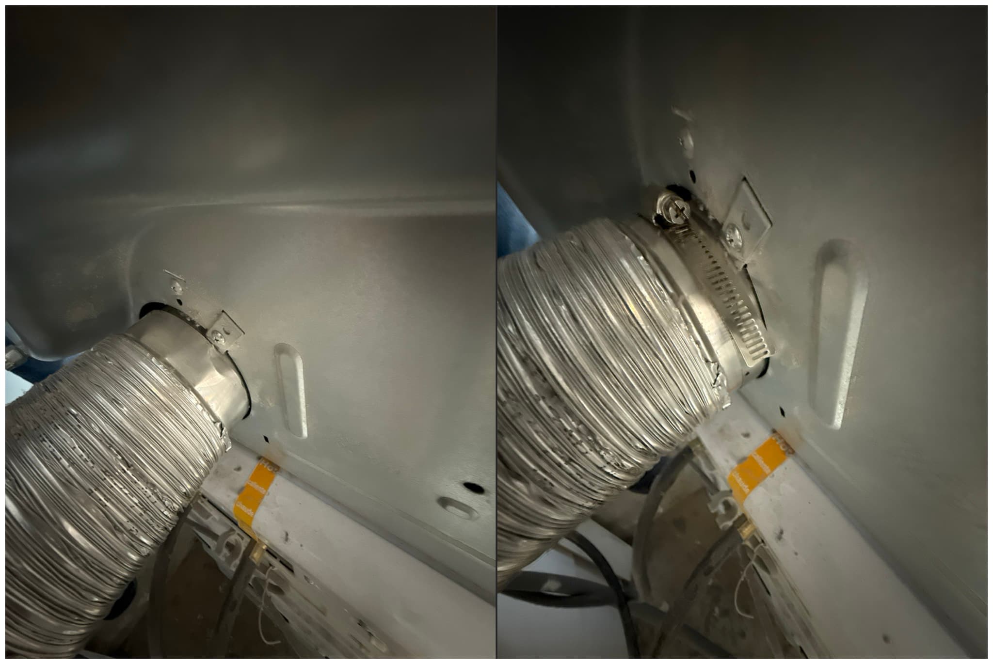 Flexible dryer transition duct secured to the rear outlet of a white dryer with a hose clamp, showing a clean exterior surface and no visible damage or kinking