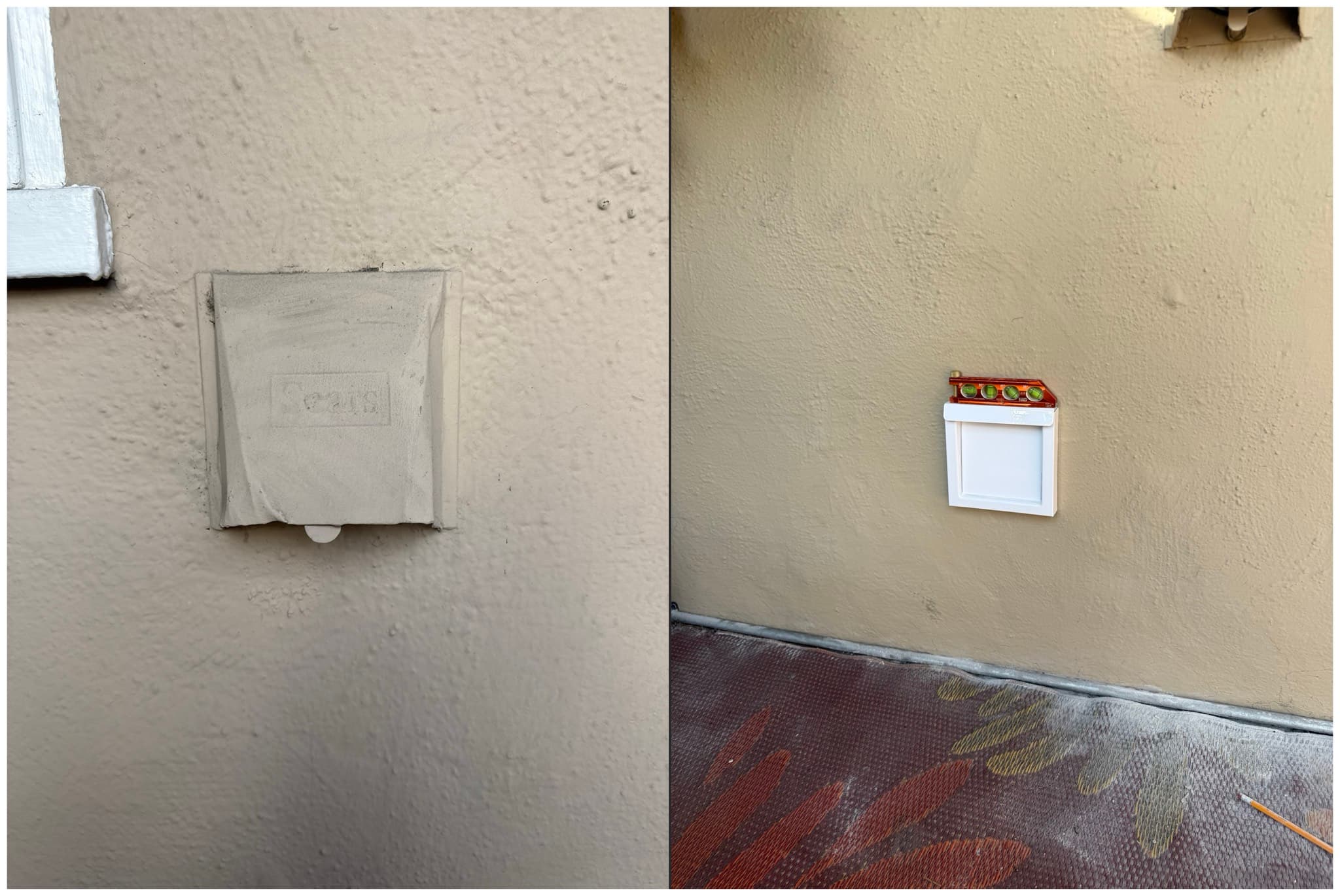 Completed dryer wall vent installation showing the finished exhaust system at the Belmont home