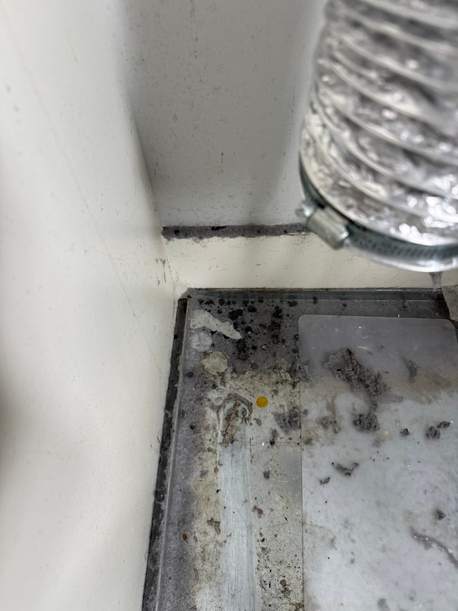 Flexible metallic foil duct connected to a white wall penetration with a hose clamp, showing heavy lint and dust debris accumulated on the floor and base around the junction, indicating lint leakage from the connection point
