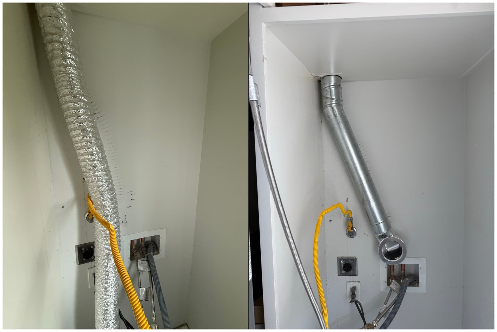 Before and after comparison showing the removal of non-compliant foil flex duct and its replacement with rigid metal hard pipe and a magnetic vent connector in the laundry closet