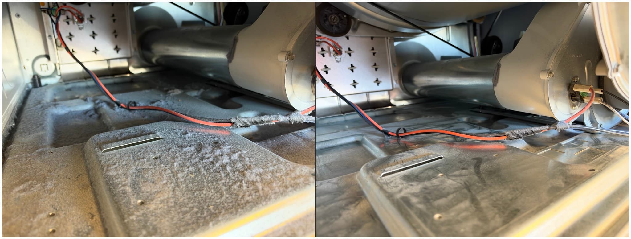 Technician using a drill-attachment rotary brush to clean lint from inside a residential dryer exhaust duct in San Bruno