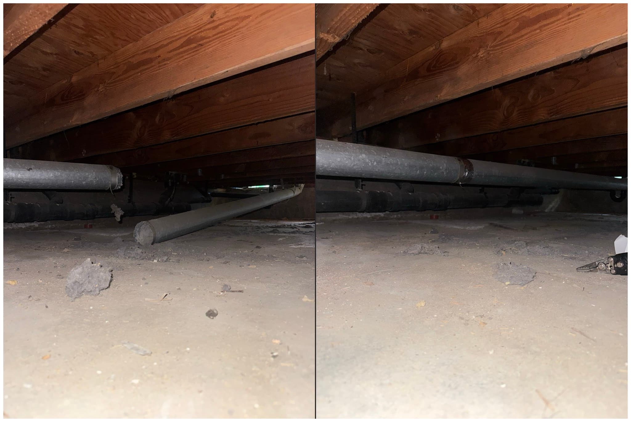 Repaired flexible metal dryer duct joint in a crawl space, with foil tape sealing the seam and sheet metal screws securing the connection, surrounded by dusty concrete floor and wooden framing above