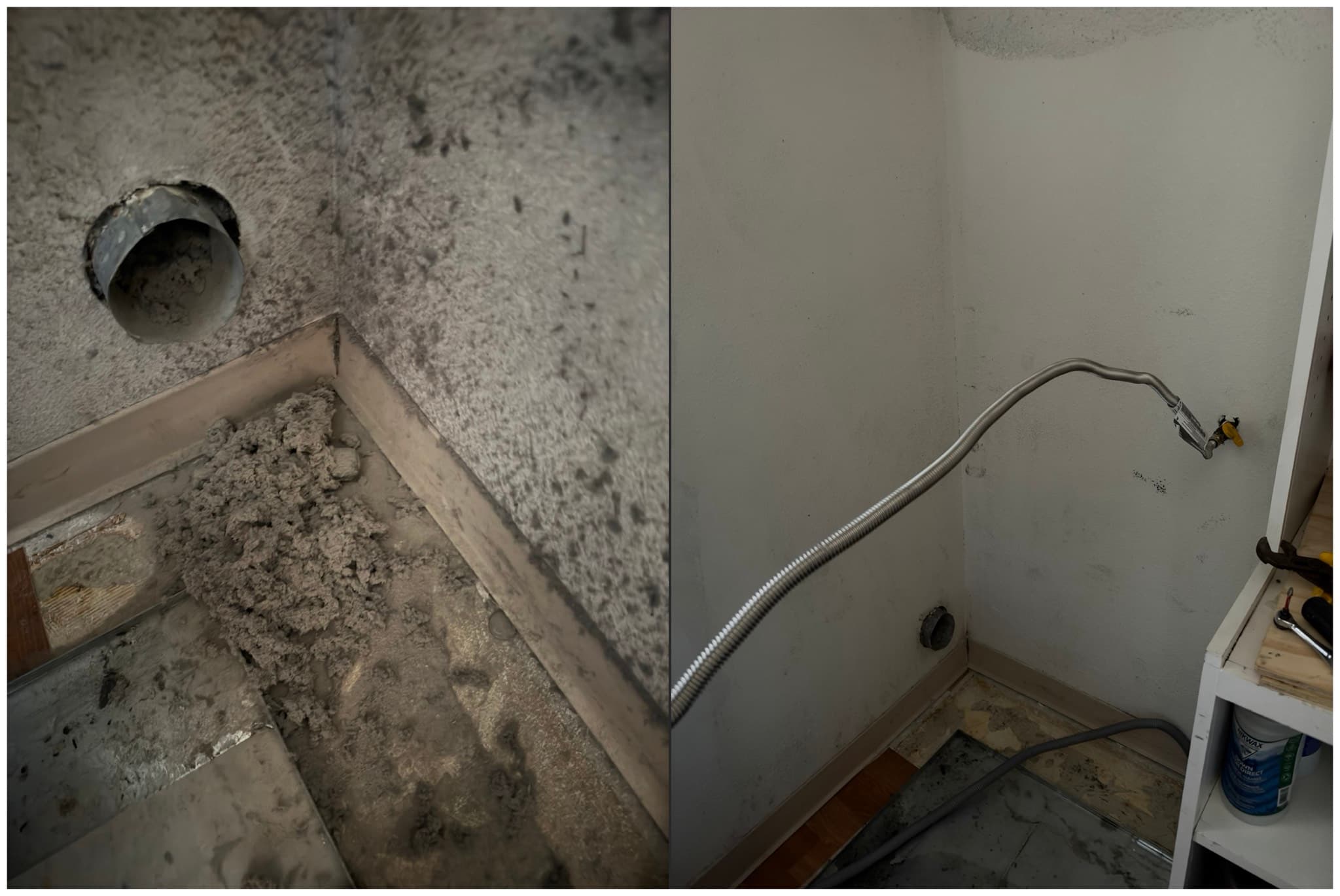 Before and after view of a dryer vent wall opening in a San Francisco home, showing heavy compacted lint packed into the corner before cleaning and a clear, debris-free opening with new stainless steel washing machine supply line connected after service