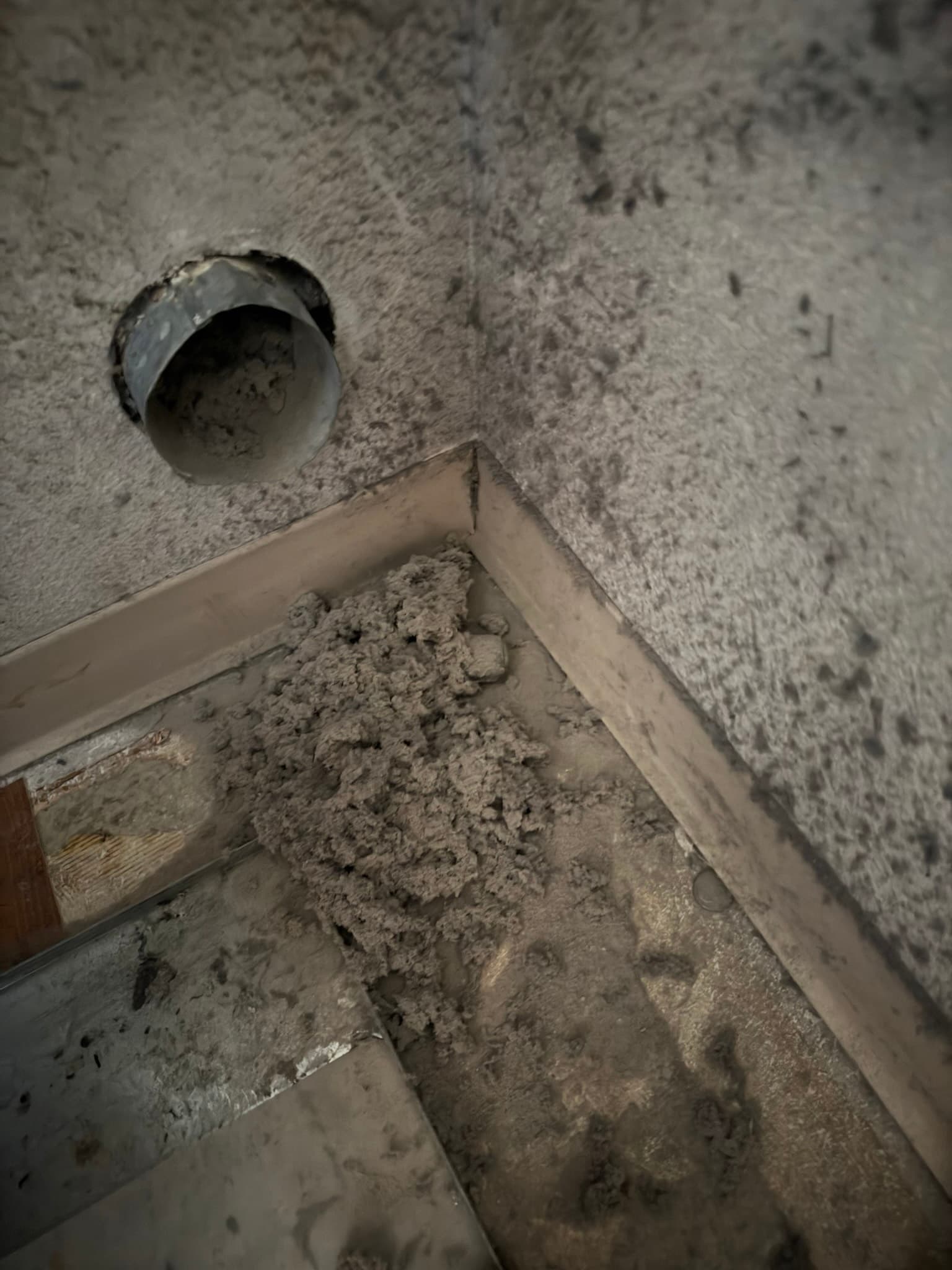 Metal dryer exhaust duct stub in a wall cavity coated with heavy lint accumulation on the duct opening and surrounding insulation before cleaning