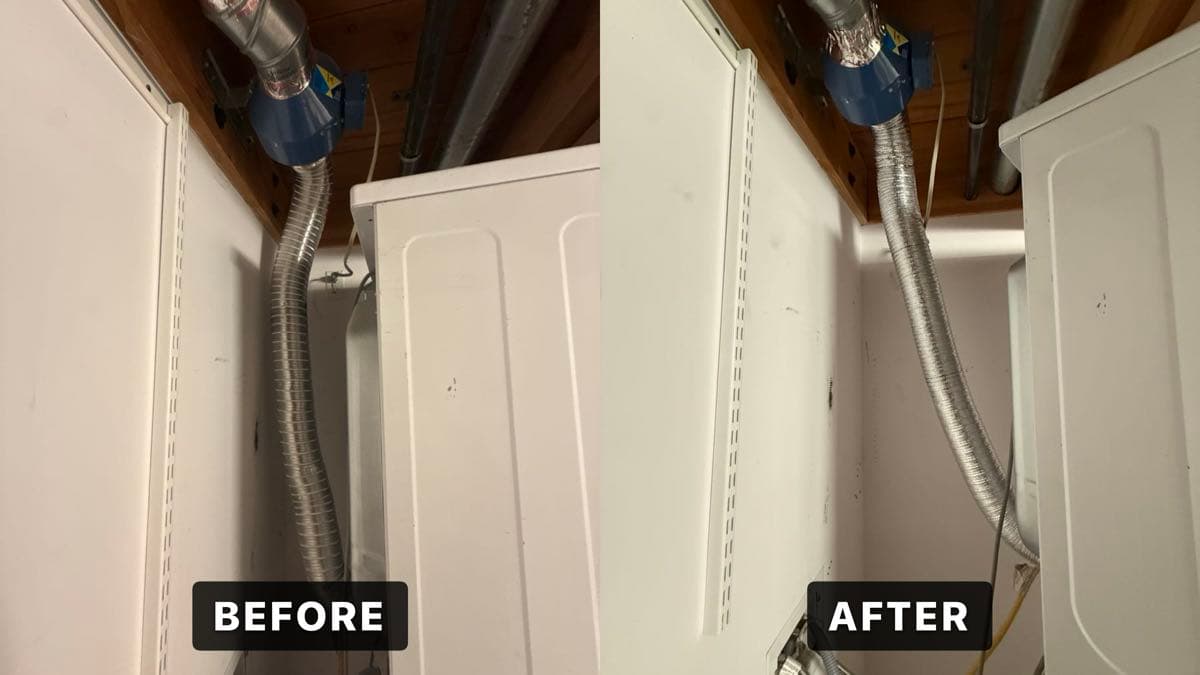 Before and after comparison of dryer vent flexible metallic ducting, with kinked and improperly routed duct on the left and straightened, properly aligned duct on the right, both connected to blue periscope-style vent caps at the top