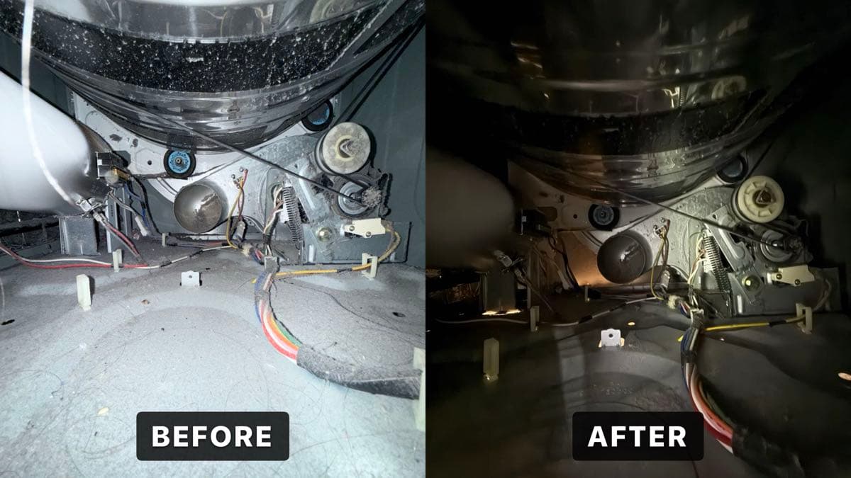 Before and after comparison of the dryer drum interior and exhaust area, showing heavy lint and dust accumulation before cleaning on the left and fully cleared components after cleaning on the right