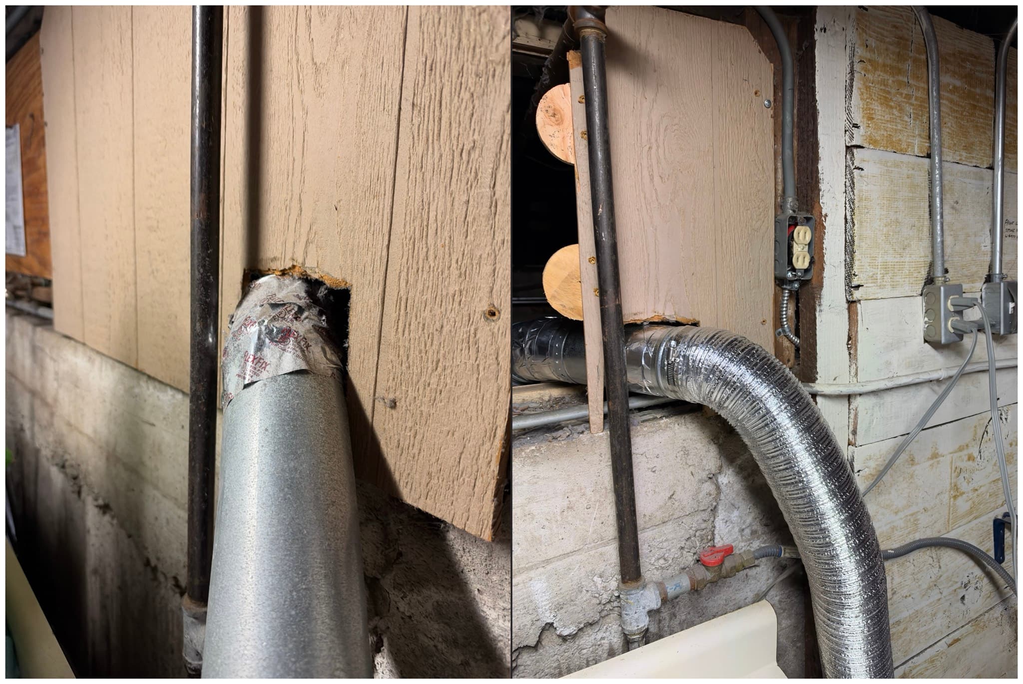 Rigid metal duct passing through a rough exterior wall opening, sealed with foil tape and transitioning to flexible foil duct inside near an outlet and plumbing lines.