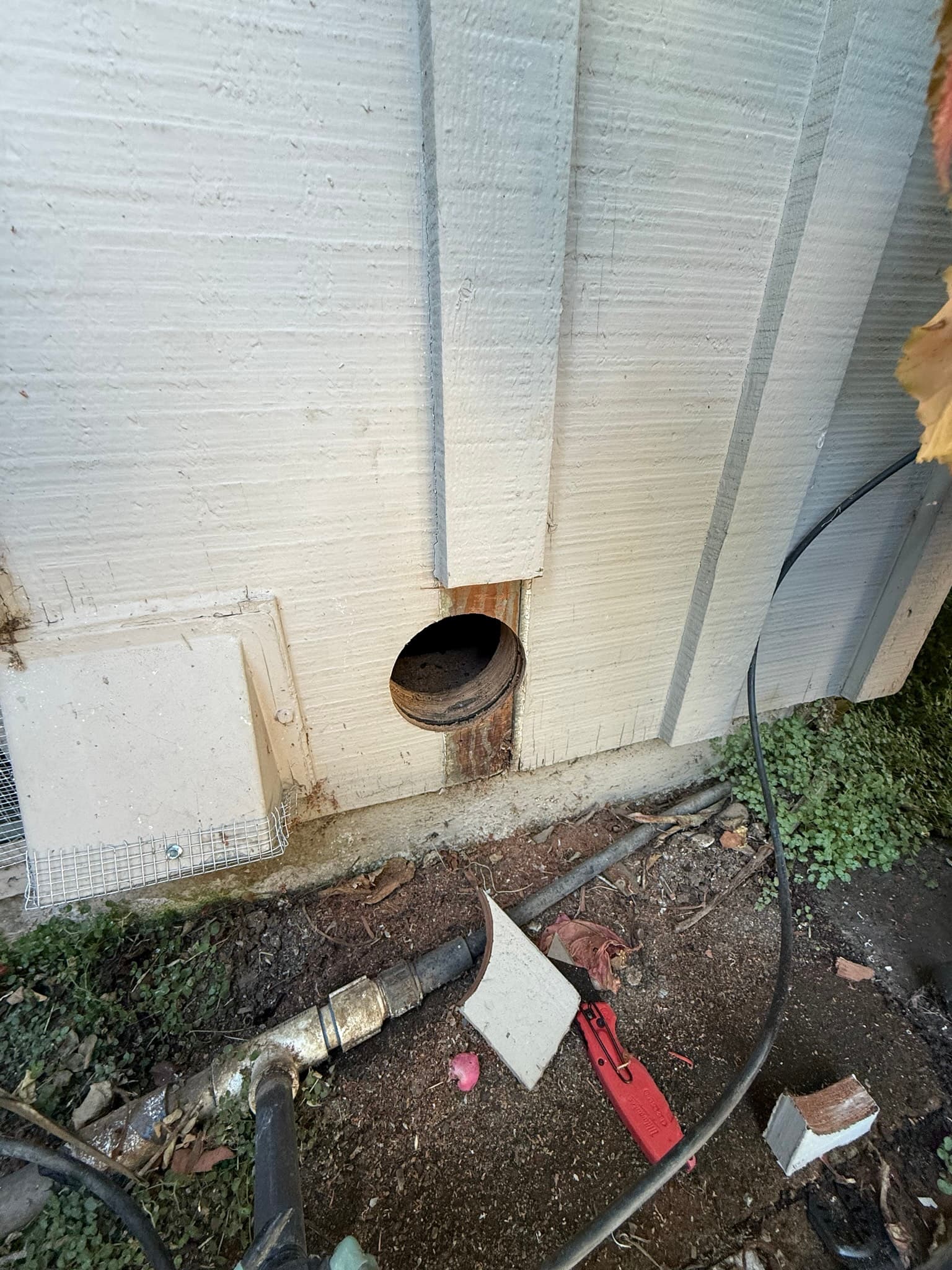 Exterior dryer vent cap installed on a white painted foundation wall showing corrosion and rust staining around the cap perimeter and a dark, partially obstructed interior opening
