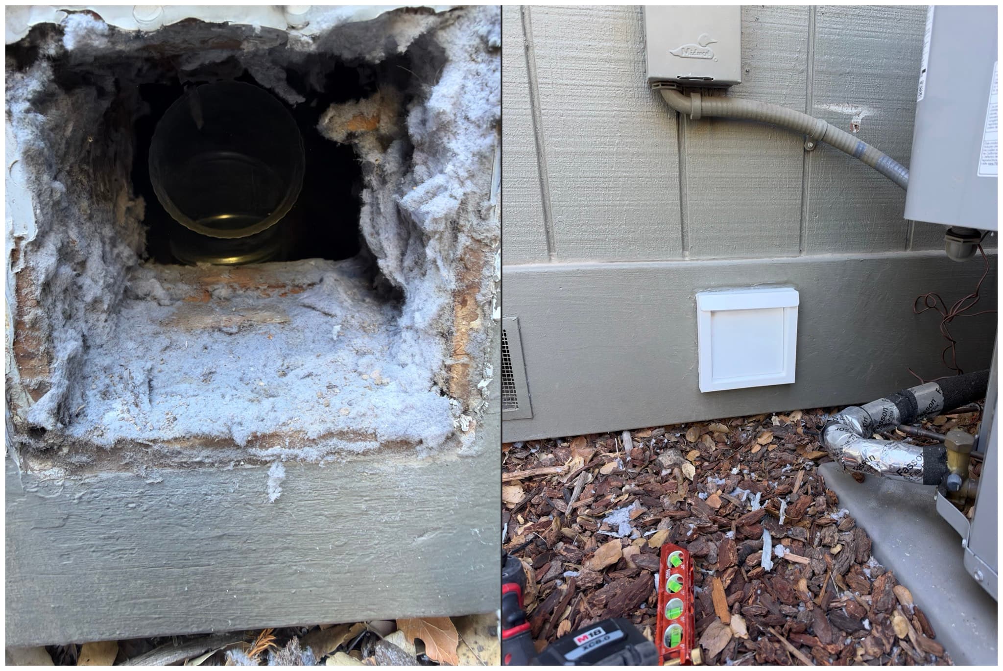 Before and after comparison of a dryer vent termination in Los Altos Hills showing heavy lint buildup and deteriorated siding replaced by a clean white flush mount dryer wall vent