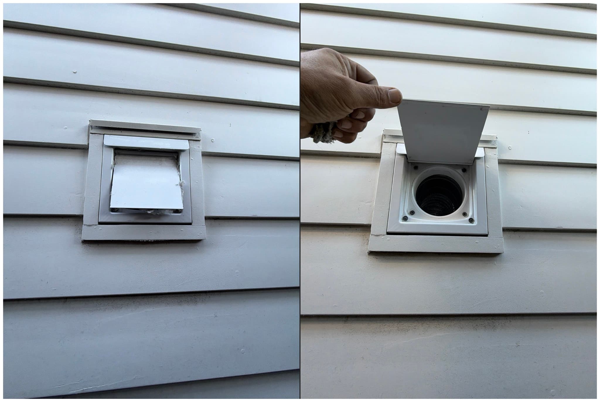 Before and after comparison of an exterior dryer wall vent in Burlingame showing the damper flap closed and the duct collar clean after lint removal