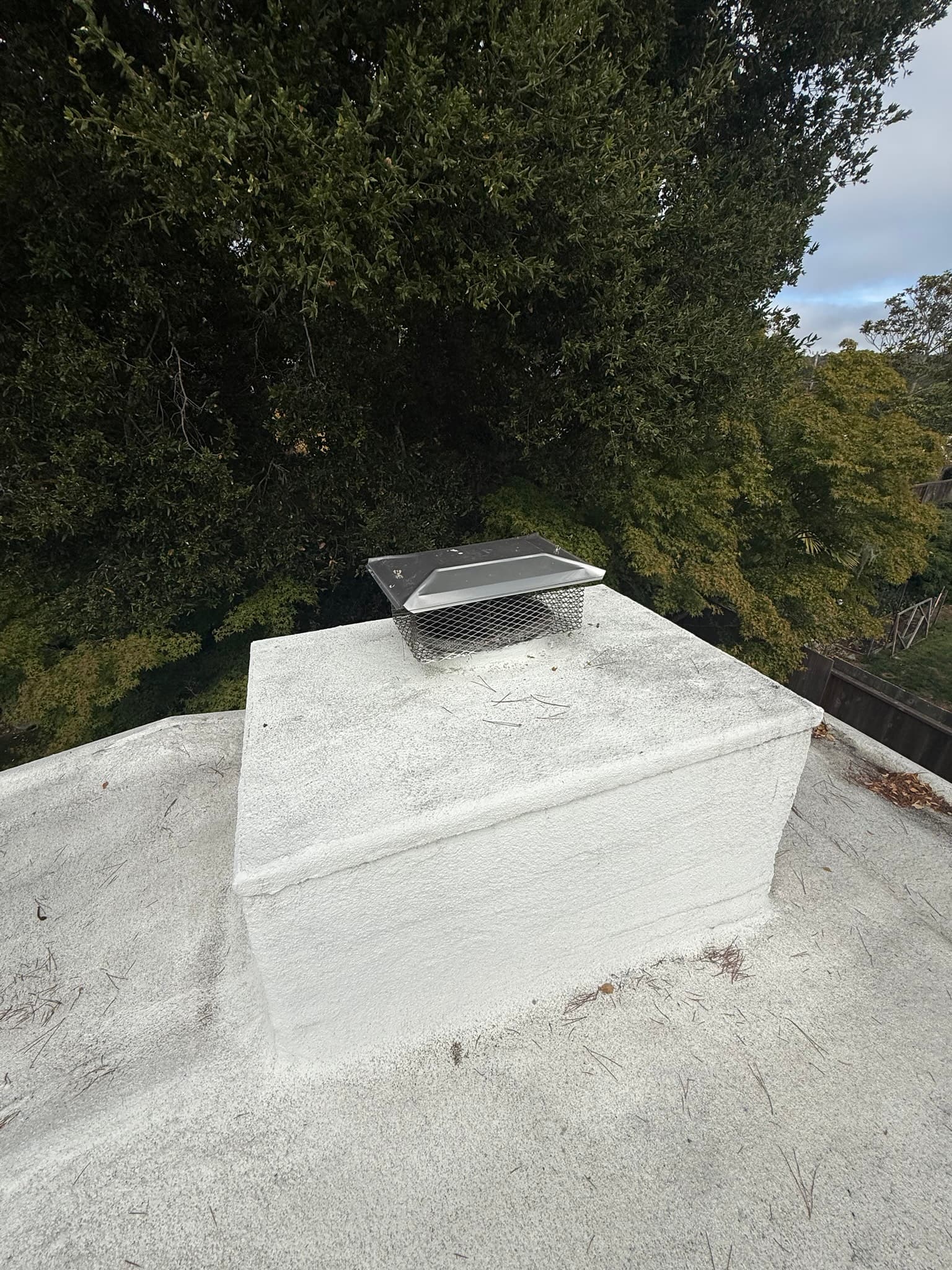 Exterior dryer vent cap mounted on a masonry chimney structure on a residential roof, featuring a black damper hood with a mesh intake screen and a metal tophat design, with surface dirt on the concrete base