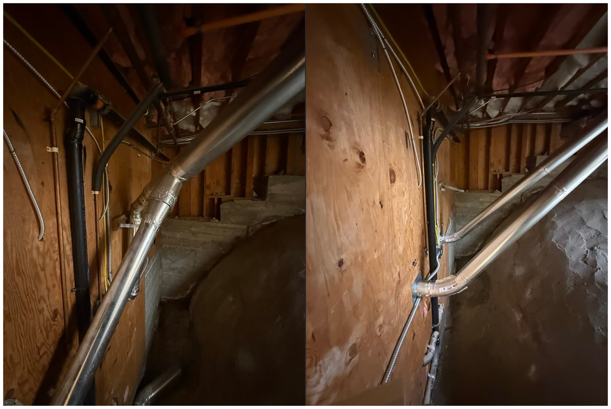 Attic dryer vent installation showing new rigid metal duct secured with clamps and running through framing lumber toward the exterior, with a black flexible transition connector visible at left