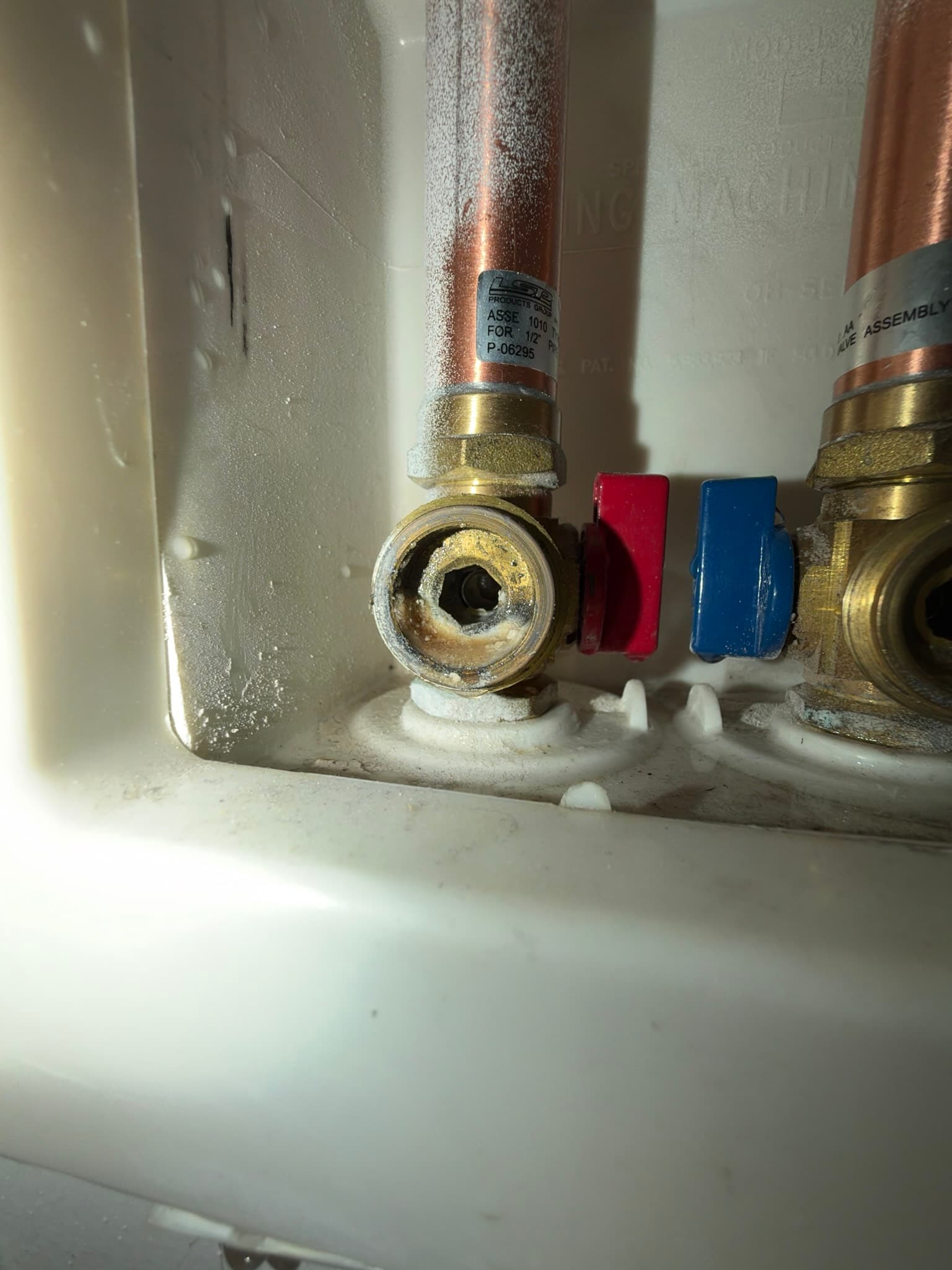 Finished interior laundry connection showing the new duct and supply line routing